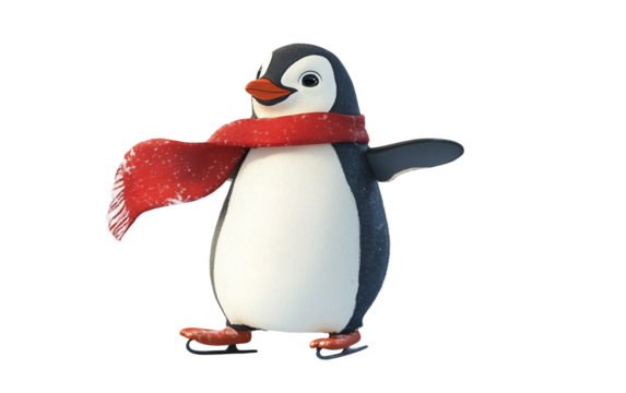 Adorable cartoon artwork of penguin gliding on ice wearing scarf ideal for festive and fun projects isolated on transparent background PNG