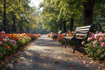 A serene park pathway lined with vibrant flowers and inviting benches for peaceful reflection