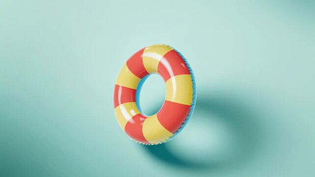 A vibrant circular float with alternating red and yellow sections, atop a smooth, light teal surface