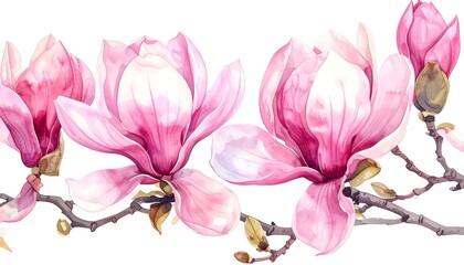 Delicate pink magnolia blossoms on branches.  Soft watercolor style.  Floral spring border