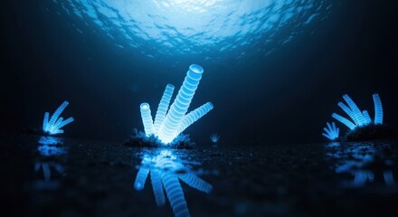 Luminous, tubular structures rise from a dark, reflective surface, beneath a shimmering, watery sky