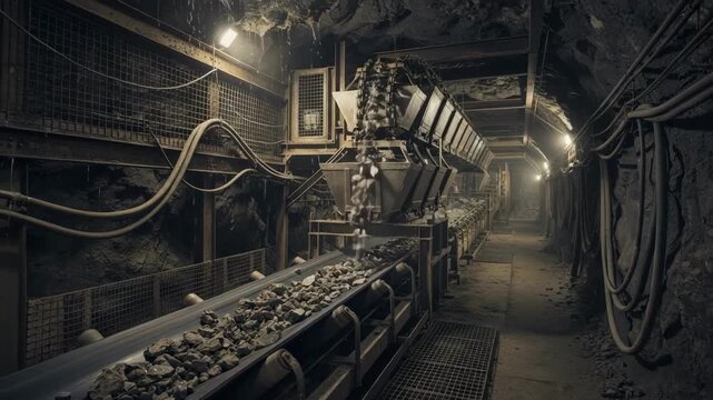 Medium shot of a versatile conveyor integration combining belt and bucket systems demonstrating seamless mineral transfer between different processing stages underground.