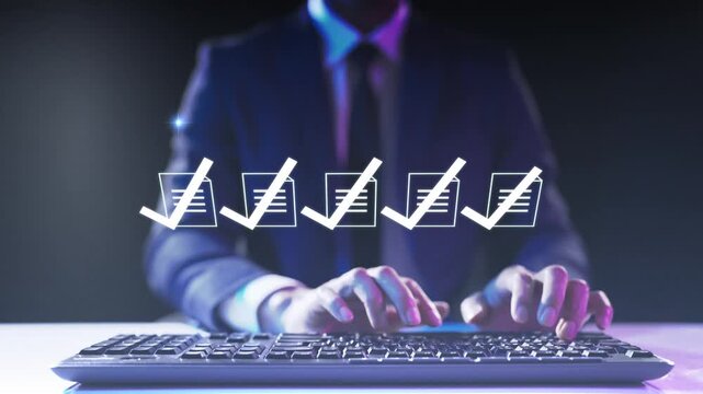 Corporate businessman completing a digital checklist for compliance and document verification using keyboard technology.