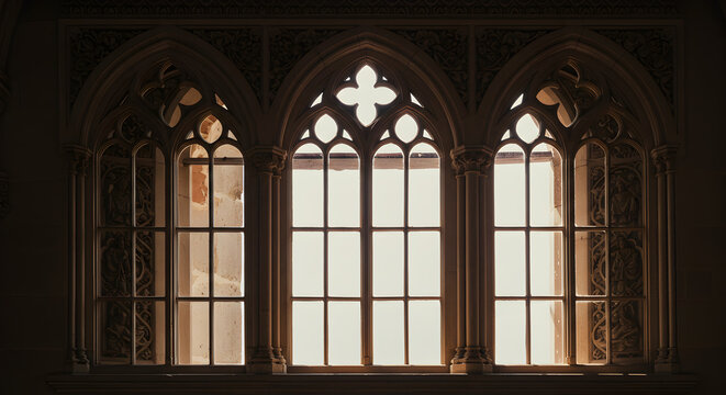 Elegant gothic-style arched windows with symmetrical patterns and soft daylight. Suitable for historical, architectural, or artistic design concepts.
