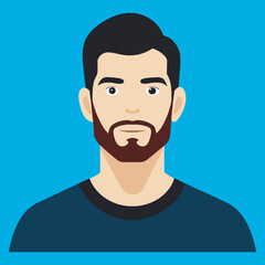 Flat design portrait of a young man with dark hair and a serious expression, illustration of a young Asian man a serious expression, wearing a dark blue t-shirt against a burnt orange background.