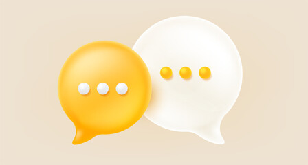 Vector illustration of realistic white and yellow color text speech bubble with dot. Social media symbol of communication icon. 3d cartoon style design of dialog of two circle speech bubble