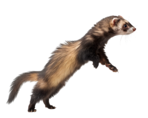 Action pose of a ferret mid stride jumping on a transparent background