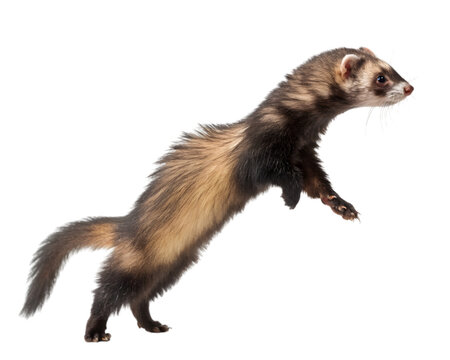 Action pose of a ferret mid stride jumping on a transparent background