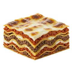 A slice of lasagna with visible layers of pasta, meat, sauce, and cheese, captured in delicious detail against a white background.