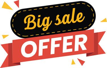 Fototapeta premium Big sale offer banner with red ribbon and yellow oval shape, festive confetti, isolated on white background