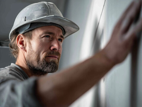 Portrait of construction worker checking wall alignment during renovation in bright interior, plaquiste, pl&acirc;trier, artisan
