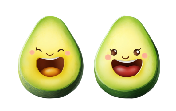 Adorable cartoon artwork of avocado halves with friendly expressions perfect for kids and whimsical projects isolated on transparent background PNG