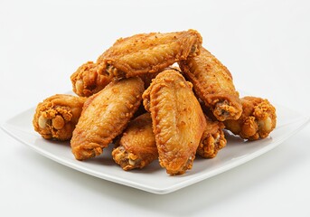 A square plate holds a pile of golden-brown fried chicken wings, showcasing their crispiness against a bright white background.