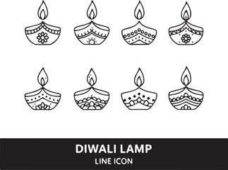 Diwali Lamp Line Icons