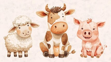 Obraz premium cow, cartoon, animal, farm, vector, cute, illustration, pig, animals, sheep, milk, funny, mammal, love, cattle, fun, dog, bull, happy, comic, isolated, nature, domestic, flower, horse