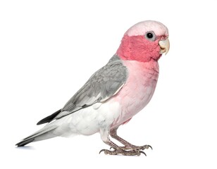 Side view of a small parrot.  Pink and gray plumage.  Sharp beak.  Profile shot against white background