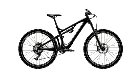 Fototapeta premium A sleek, black mountain bike is displayed on a clean white background, showcasing its design.