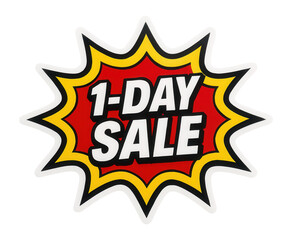 Fototapeta premium Colorful burst sticker with 1-DAY SALE offer in bold lettering, attention-grabbing retail discount promo on transparent background.