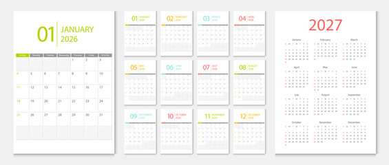 Naklejka na ściany i meble Calendar 2026, calendar 2027 week start Sunday corporate design template vector.