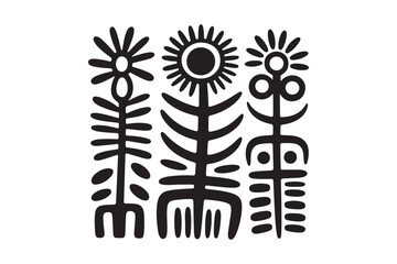 Three stylized black and white folk art flowers or plants