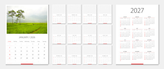 Calendar 2026, calendar 2027 week start Sunday corporate design template vector. Desk calendar 2027. Sample image with mesh.