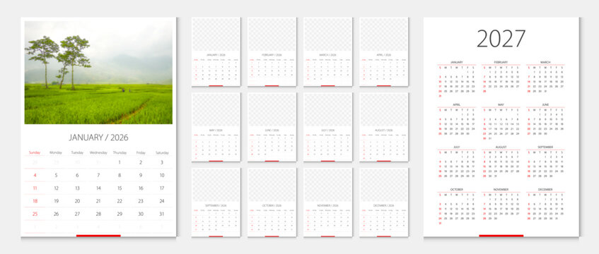 Calendar 2026, calendar 2027 week start Sunday corporate design template vector. Desk calendar 2027. Sample image with mesh.