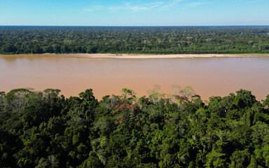 AERIAL VIEW OF THE MADRE DE DIOS RIVER NEAR THE TAMBOPATA NATIONAL RESERVE, BIODIVERSITY AND LARGE TREES AND RAINFORESTS OF THE AMAZON