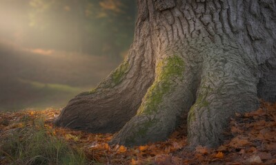 Fototapeta premium Majestic tree trunk & roots, covered in moss and surrounded by fallen autumn leaves