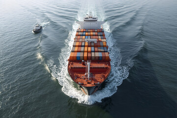 Aerial Perspective of a Cargo Ship Transporting Containers Across the Open Waters Surface