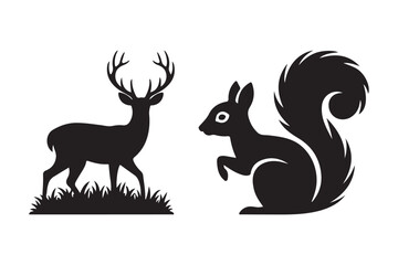 Silhouette of a majestic deer and a bushy tailed squirrel