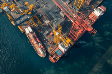 Aerial Perspective of Industrial Port with Cargo Ships and Cranes Engaged in Loading Operations