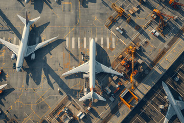 Aerial perspective showcasing passenger airplanes at an airport terminal with ground support equipment