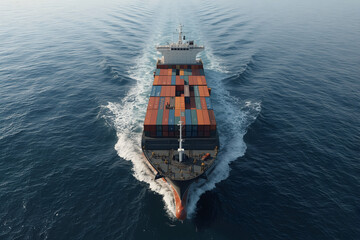 Aerial perspective showcasing the cargo ship navigating across the vast expanse of the ocean