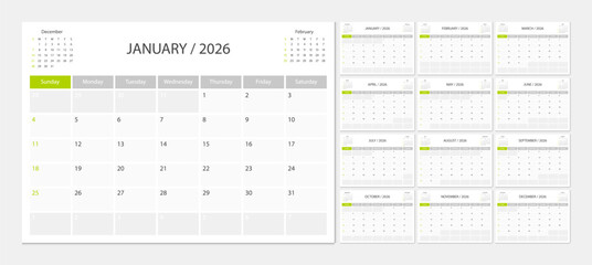 Calendar 2026 week start Sunday corporate design planner template.
