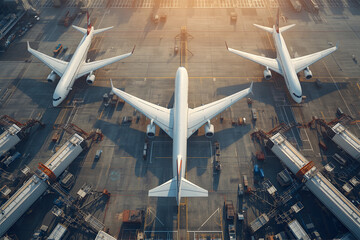 Aerial View Captures Modern Airport Terminal with Parked Airliners Under Clear Skies