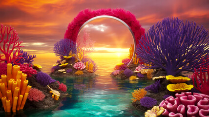 Vibrant underwater fantasy, circular portal, bright pink coral arch, mystical