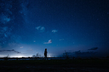 Silhouette of a man looking up at a clear starry night sky with the Milky Way, symbolizing wonder, solitude, and connection with the universe.