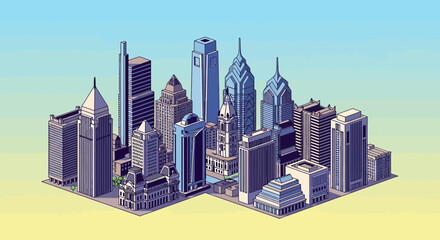 Obraz premium Isometric illustration of a modern cityscape, featuring various skyscrapers and towers under a gradient sky.