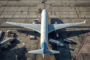 Aerial View of a Commercial Airplane Parked at an Airport Terminal, Preparing for Flight