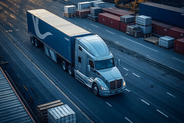 Aerial view of a modern semi-truck hauling cargo containers at a busy shipping yard
