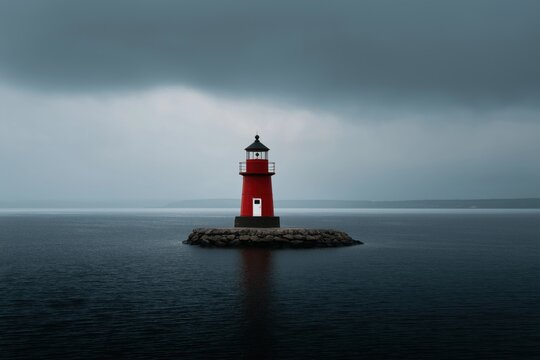 Solitary red lighthouse on rocky island amidst calm ocean and overcast sky - Powered by Adobe
