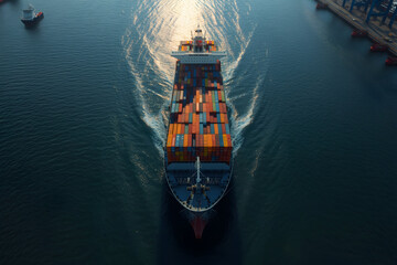 Aerial View of Cargo Ship Sailing on the Ocean, Global Commerce and International Logistics