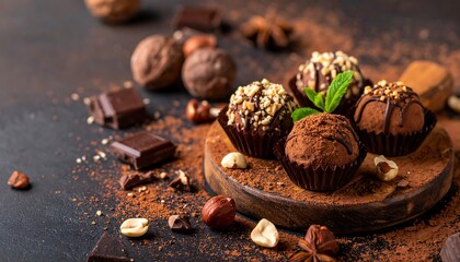 Dark chocolate truffles arranged on a wooden board, dusted with cocoa powder, surrounded by nuts, and pieces of chocolate