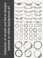 Collection of wreath and floral designs isolated on white background art