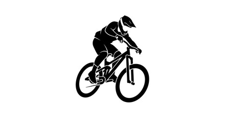 Obraz premium Silhouette of a cyclist riding a mountain bike, wearing protective gear and helmet, in a dynamic action pose.