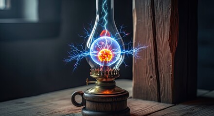 Antique oil lamp emitting plasma energy and electrical sparks