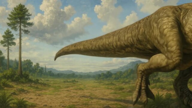 A realistic T-Rex in a prehistoric landscape, captured from a low-angle view, ideal for educational video content on dinosaurs and natural history. Live desktop wallpaper.