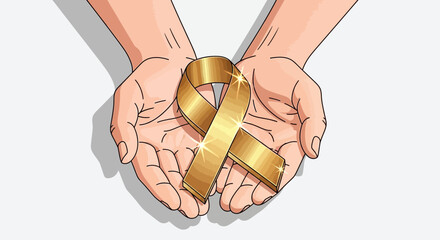Two hands gently holding a golden ribbon, symbolizing support and awareness.