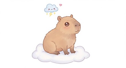 Obraz premium a cute cartoon capybara sitting with tiny storm cloud above pastel cozy in watercolor style isolated on white background