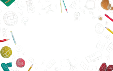 Stylish educational chalkboard frame with artistic sketches and school symbols suitable for teaching materials and graphic design projects isolated on transparent background PNG